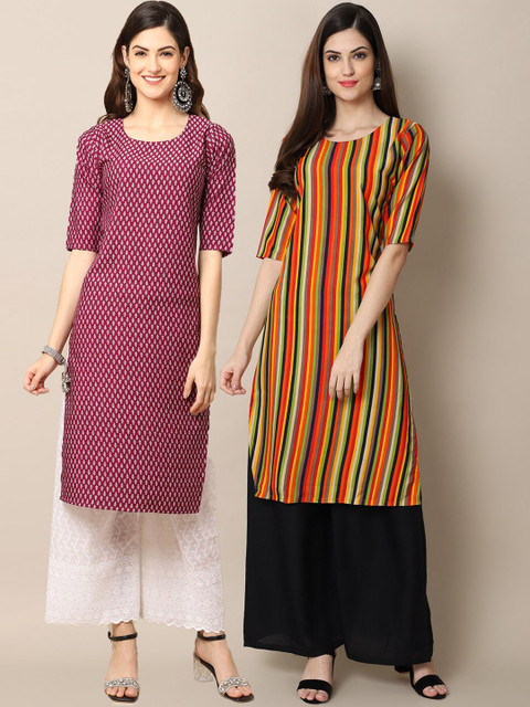 

1 Stop Fashion Women Pack of 2 Magenta & Orange Ethnic Motifs Printed Crepe Kurta