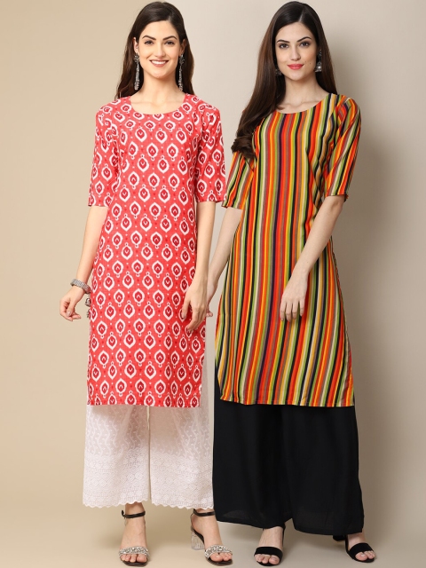 

1 Stop Fashion Women Pack of 2 Orange & Yellow Printed Crepe Kurtas