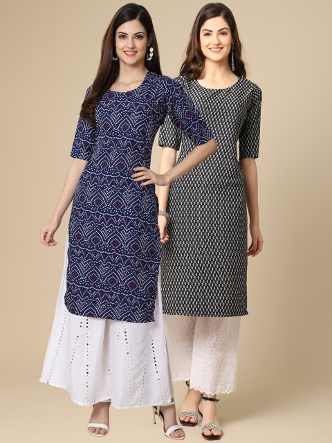 

1 Stop Fashion Women Pack of 2 Blue & Black Printed Crepe Straight Kurta