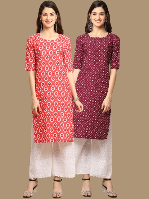 

1 Stop Fashion Women Pack Of 2 Orange & Maroon Geometric Printed Block Print Kurta