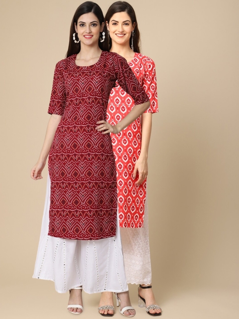 

1 Stop Fashion Women Maroon & Peach 2 Geometric Printed Crepe Kurta