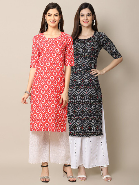 

1 Stop Fashion Women Pack Of 2 Red & Black Geometric Printed Block Print Kurta