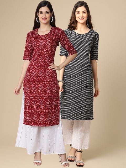 

1 Stop Fashion Women Pack Of 2 Maroon & Black Geometric Printed Block Print Kurta
