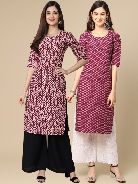 

1 Stop Fashion Women Pack Of 2 Burgundy & Maroon Floral Printed Block Print Crepe Kurta