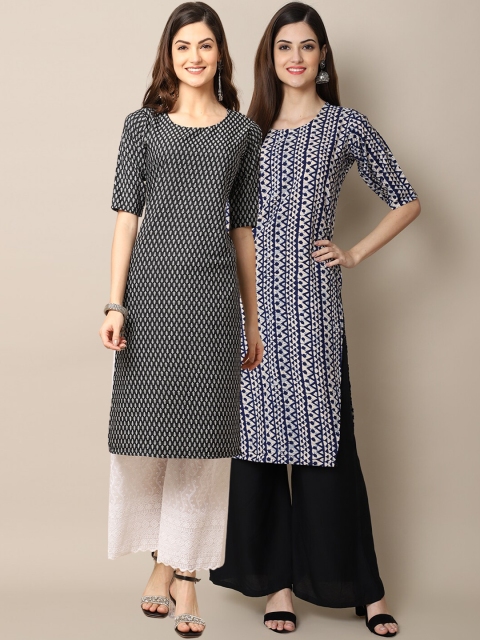 

1 Stop Fashion Women Black & White 2 Geometric Printed Crepe Kurta