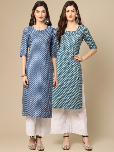 

1 Stop Fashion Women Pack of 2 Blue & Teal Geometric Block Print Crepe Kurta