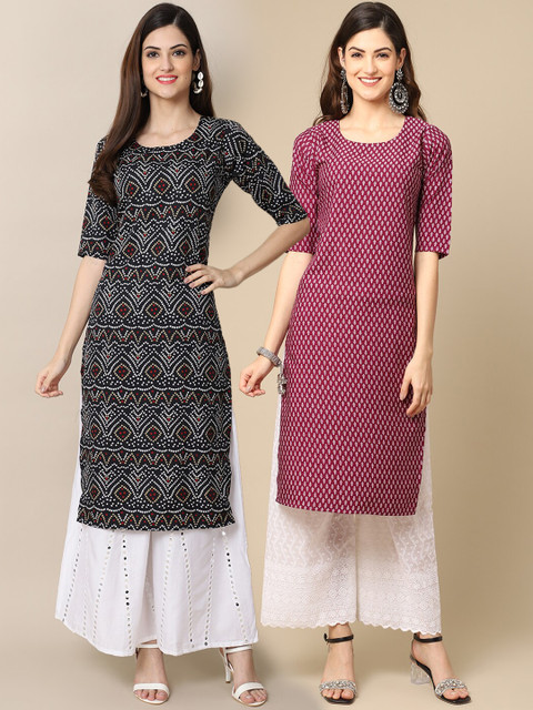 

1 Stop Fashion Women Pack of 2 Black & Maroon Printed Crepe Straight Kurta
