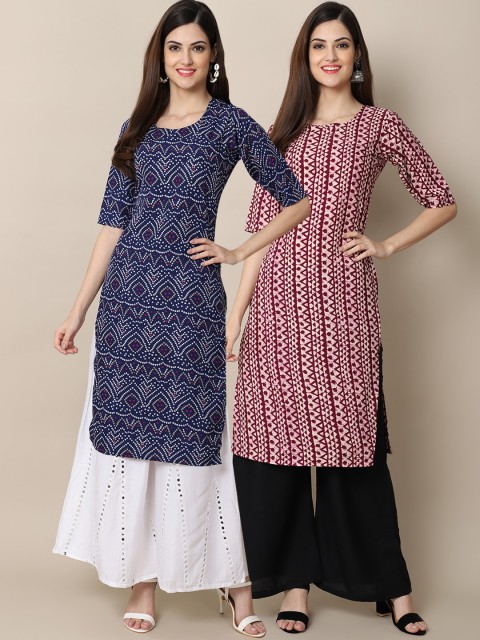

1 Stop Fashion Women Pack of 2 Blue & Burgundy Printed Crepe Straight Kurta