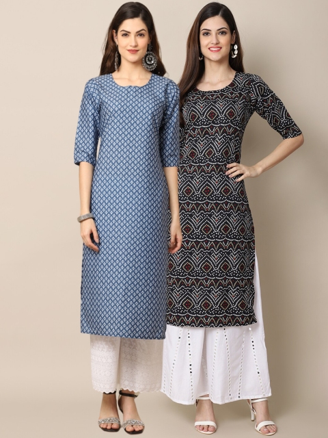 

1 Stop Fashion Women Pack Of 2 Blue & Black Geometric Printed Block Print Kurta