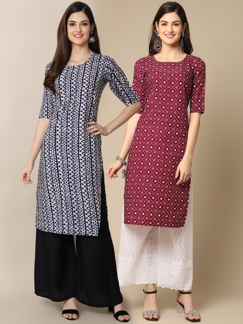 

1 Stop Fashion Women Blue & White 2 Geometric Printed Crepe Kurta