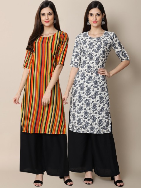 

1 Stop Fashion Women Pack of 2 Red & Yellow Striped & Floral Block Print Crepe Kurta