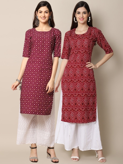 

1 Stop Fashion Women Burgundy & Maroon Pack of 2 Floral Printed Crepe Kurta