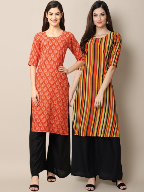 

1 Stop Fashion Women Orange & Black 2 Geometric Printed Crepe Kurta