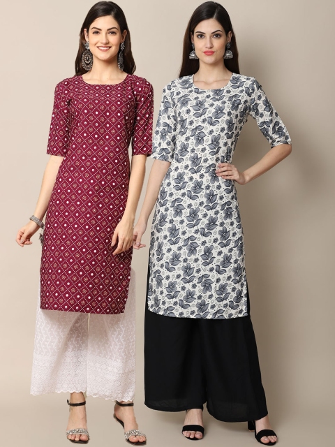 

1 Stop Fashion Women Pack Of 2 Burgundy & White Printed Crepe Straight Kurta