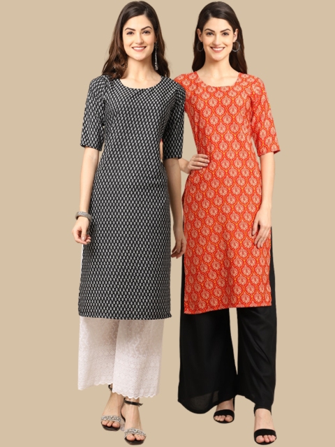 

1 Stop Fashion Women Pack of 2 Black & Orange Ethnic Motifs Printed Crepe Kurta