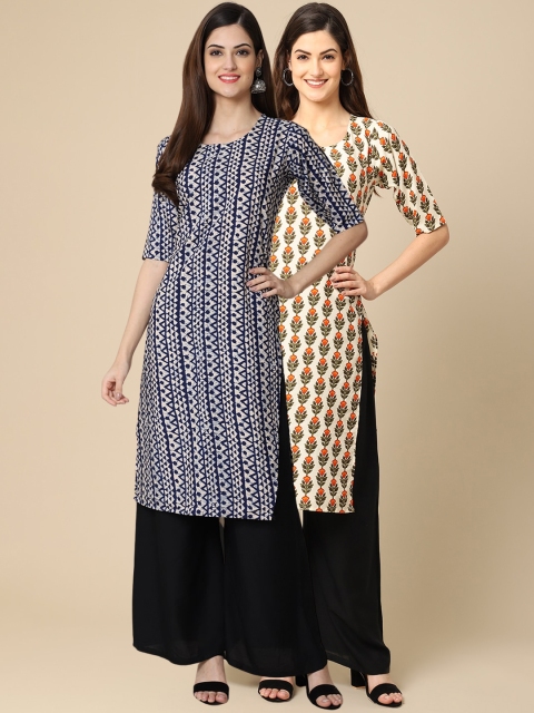 

1 Stop Fashion Women Pack of 2 Blue & Cream-Coloured Printed Crepe Straight Kurta