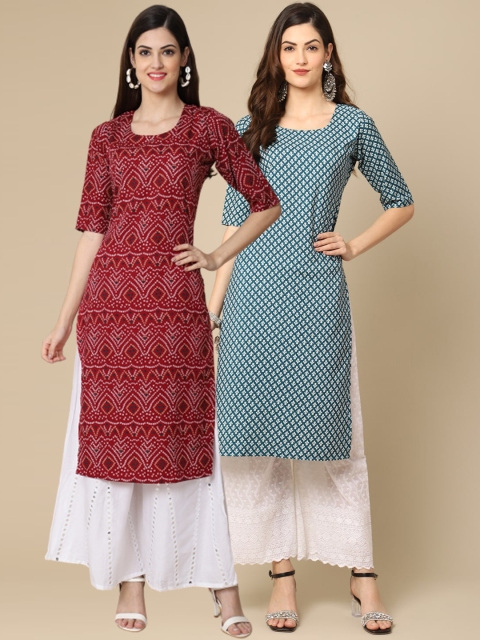 

1 Stop Fashion Women Pack of 2 Maroon & Teal Ethnic Motifs Printed Crepe Kurta