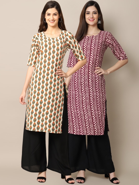 

1 Stop Fashion Women Pack Of 2 Cream-Coloured & Maroon Ethnic Motifs Printed Crepe Kurta