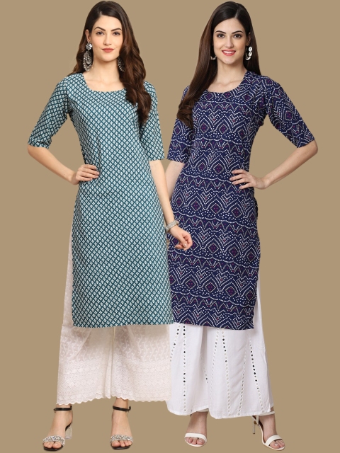 

1 Stop Fashion Women Teal & Blue Pack of 2 Floral Printed Crepe Kurta