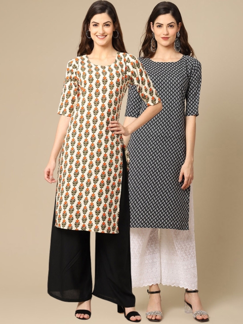 

1 Stop Fashion Women Beige & Black Pack of 2 Floral Printed Crepe Kurta