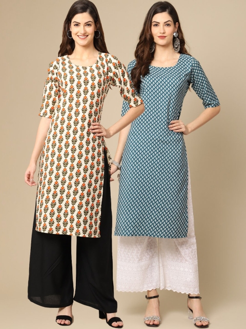 

1 Stop Fashion Women Pack of 2 Beige & Blue Ethnic Motifs Crepe Kurtas