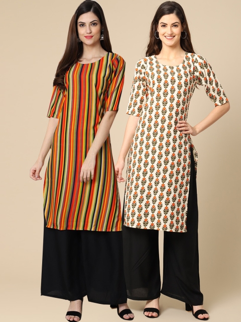 

1 Stop Fashion Women Pack Of 2 Red & Beige Ethnic Motifs Printed Block Print Crepe Kurtas