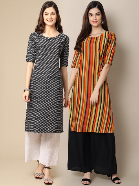 

1 Stop Fashion Women Pack Of 2 Multicoloured Striped Block Print Crepe Kurta, Multi