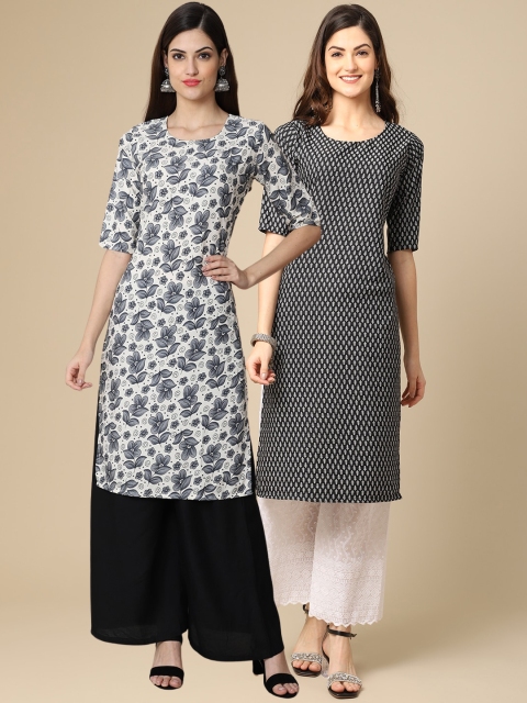 

1 Stop Fashion Women Black & White Pack Of 2 Floral Printed Crepe Kurta