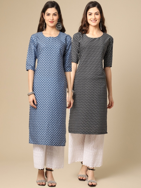 

1 Stop Fashion Women Pack of 2 Blue & Black Printed Crepe Straight Kurta