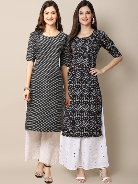 

1 Stop Fashion Women Black & Grey Pack of 2 Geometric Printed Crepe Kurta