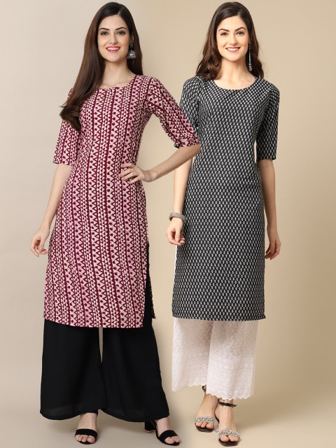 

1 Stop Fashion Women Pack of 2 Burgundy & Black Geometric Printed Crepe Kurta