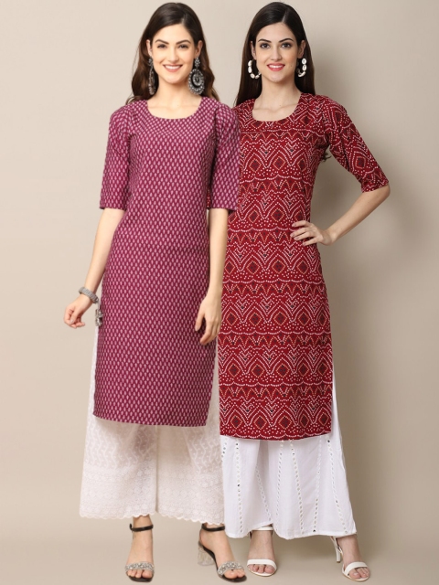 

1 Stop Fashion Women Pack of 2 Magenta & Maroon Ethnic Motifs Printed Crepe Kurta