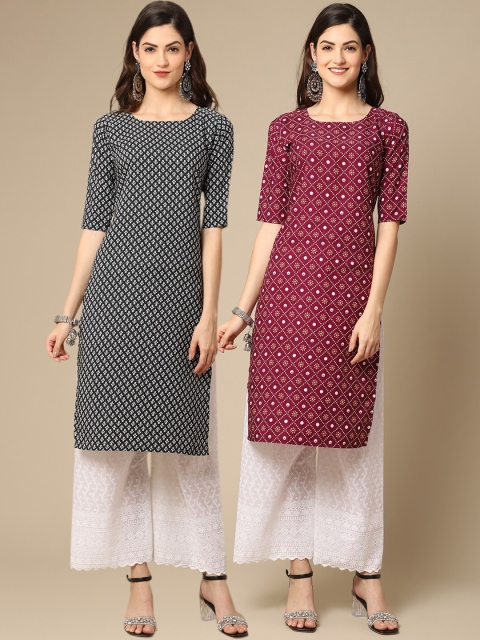 

1 Stop Fashion Women Pack Of 2 Black & Violet Floral Printed Block Print Crepe Kurta