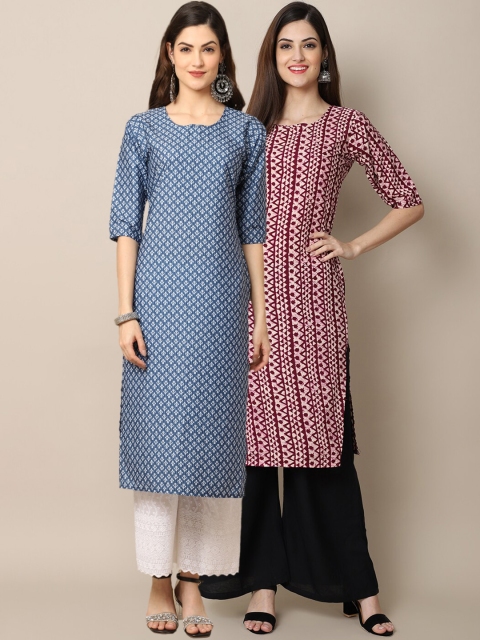 

1 Stop Fashion Women Pack of 2 Blue & Burgundy Geometric Printed Crepe Kurta