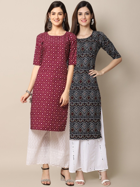 

1 Stop Fashion Women Pack of 2 Magenta & Black Printed Crepe Straight Kurta