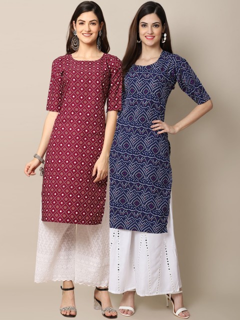 

1 Stop Fashion Women Pack of 2 Maroon & Blue Ethnic Motifs Printed Crepe Kurta
