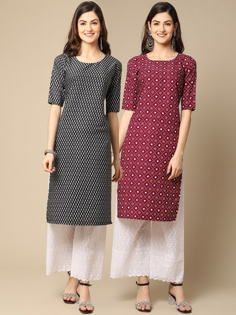 

1 Stop Fashion Women Pack of 2 Black & Burgundy Geometric Block Print Crepe Kurta