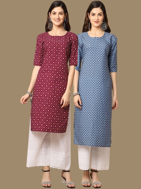 

1 Stop Fashion Women Pack Of 2 Magenta & Blue Geometric Printed Crepe Kurta