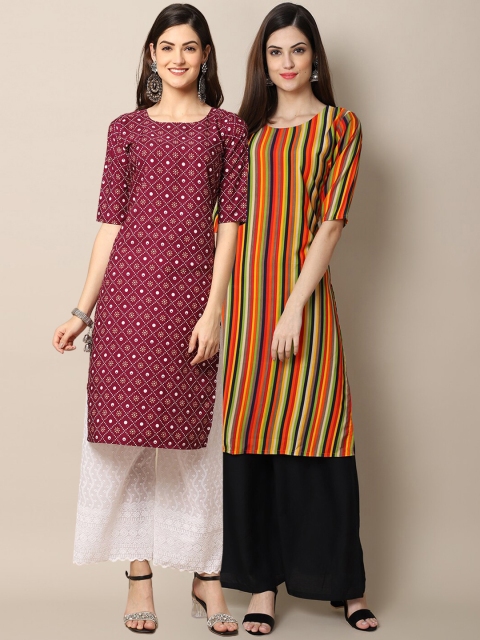 

1 Stop Fashion Women Pack Of 2 Burgundy & Yellow Printed Crepe Straight Kurta