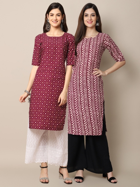 

1 Stop Fashion Women Pack Of 2 Magenta & Maroon Geometric Printed Crepe Kurta