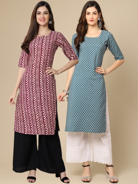 

1 Stop Fashion Women Pack Of 2 Pink & Blue Printed Crepe Straight Kurta