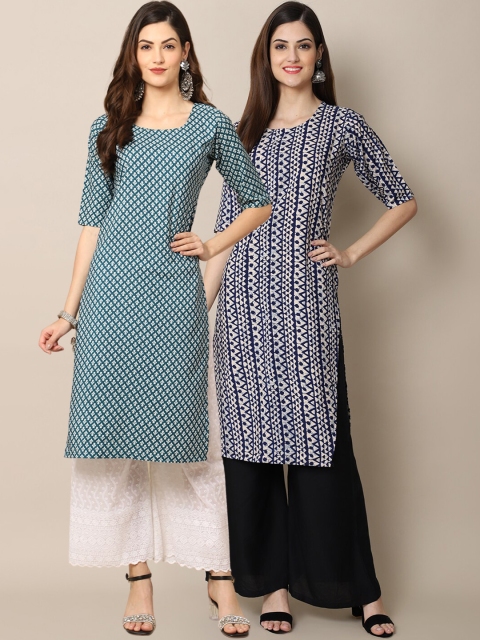 

1 Stop Fashion Women Blue & Navy Blue Pack of 2 Geometric Printed Crepe Kurta
