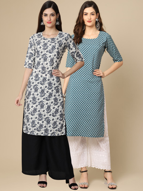 

1 Stop Fashion Women Pack Of 2 Grey & Green Ethnic Motifs Printed Block Print Crepe Kurtas