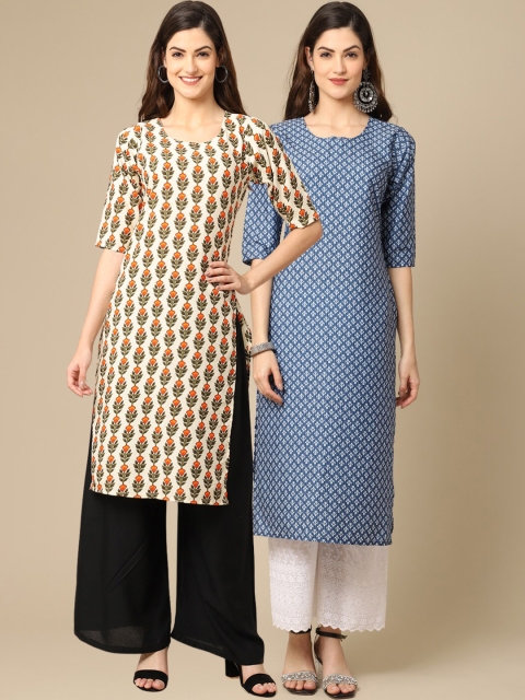 

1 Stop Fashion Women Blue & Beige Pack of 2 Floral Printed Crepe Kurta