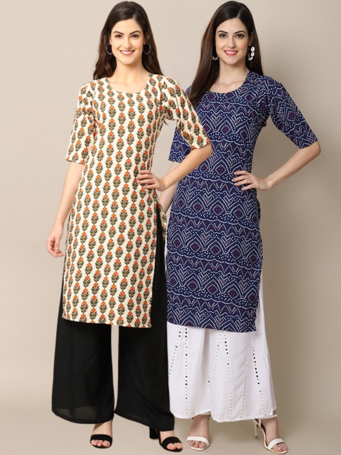 

1 Stop Fashion Women Blue & White 2 Geometric Printed Crepe Kurta