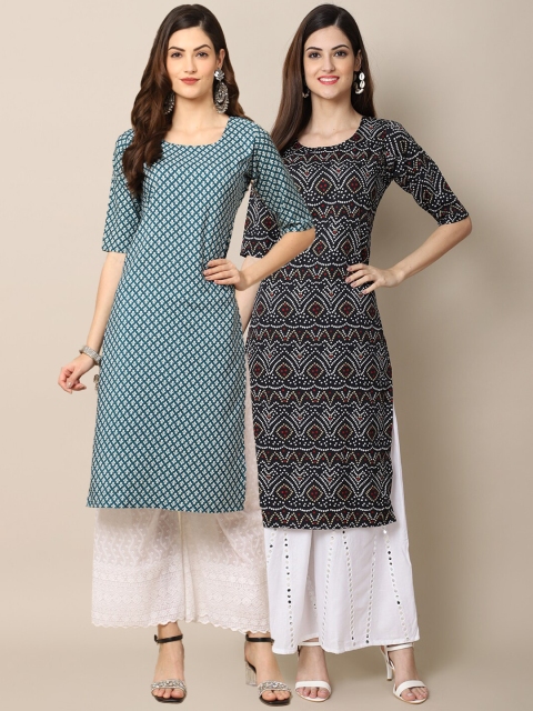 

1 Stop Fashion Women Pack of 2 Teal & Black Printed Crepe Straight Kurta