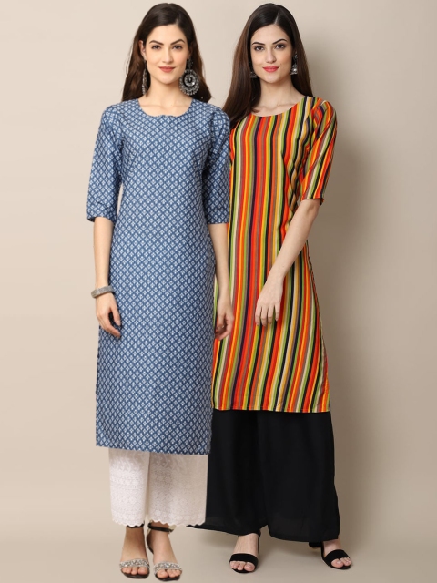 

1 Stop Fashion Women Pack Of 2 Blue & Yellow Geometric Printed Crepe Kurta