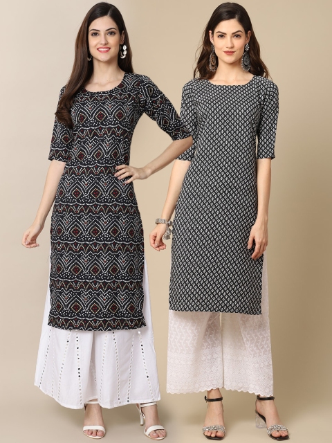 

1 Stop Fashion Women Black & White Pack Of 2 Bandhani Printed Crepe Kurta