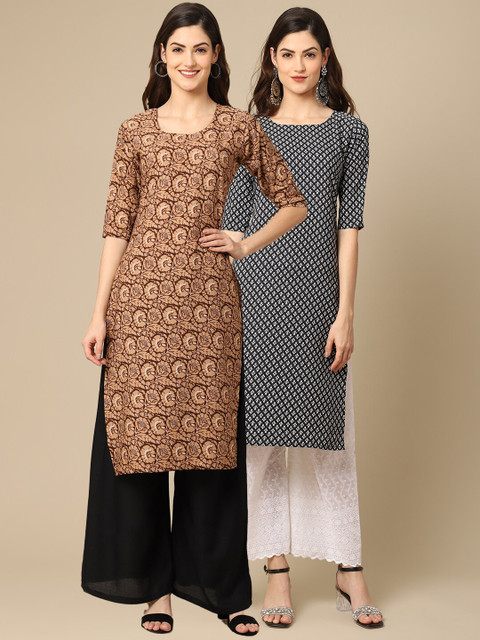 

1 Stop Fashion Women Pack of 2 Brown & Black Ethnic Motifs Printed Crepe Kurta