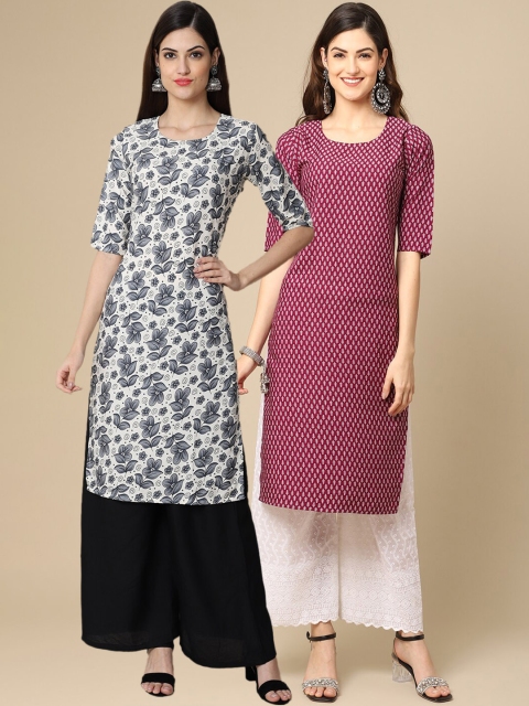 

1 Stop Fashion Women Pack Of 2 Grey & Maroon Ethnic Motifs Printed Crepe Kurtas